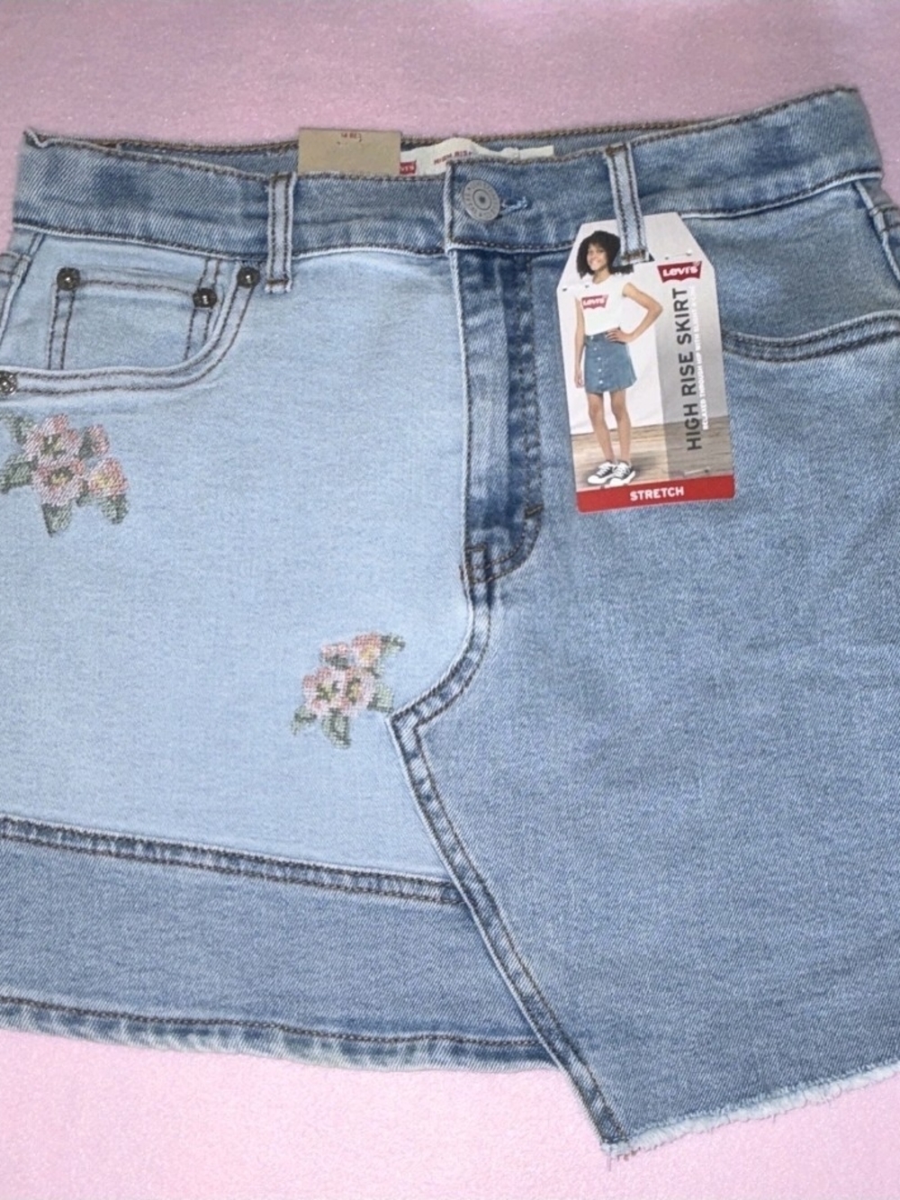Levi's High Rise Stretch Denim A-Line Skirt Blue Floral Embroidered 14